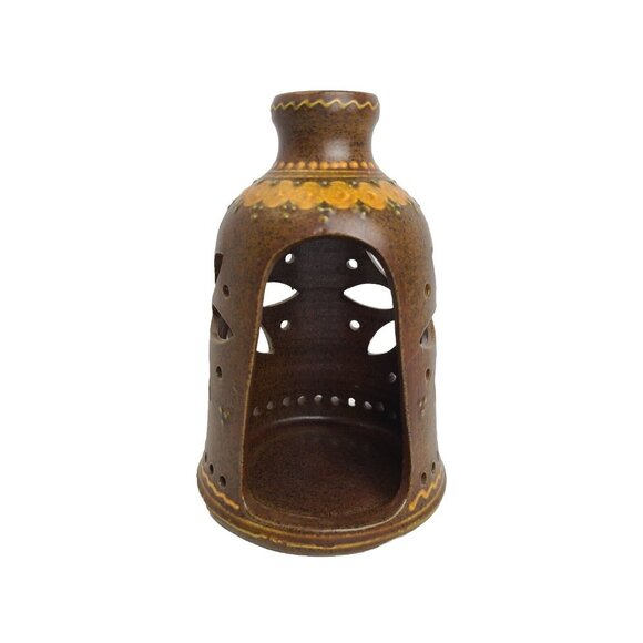 Gliaud Barbeit Scandanavia Pottery Candle Holder Jug Carved FLOWER PAINTED 7" - Picture 2 of 13